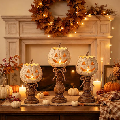 🎃🕯   Set of 3 Rustic White Pumpkin Tealight Candle Holders  | Layered Farmhouse Fall Decor For Halloween & Thanksgiving