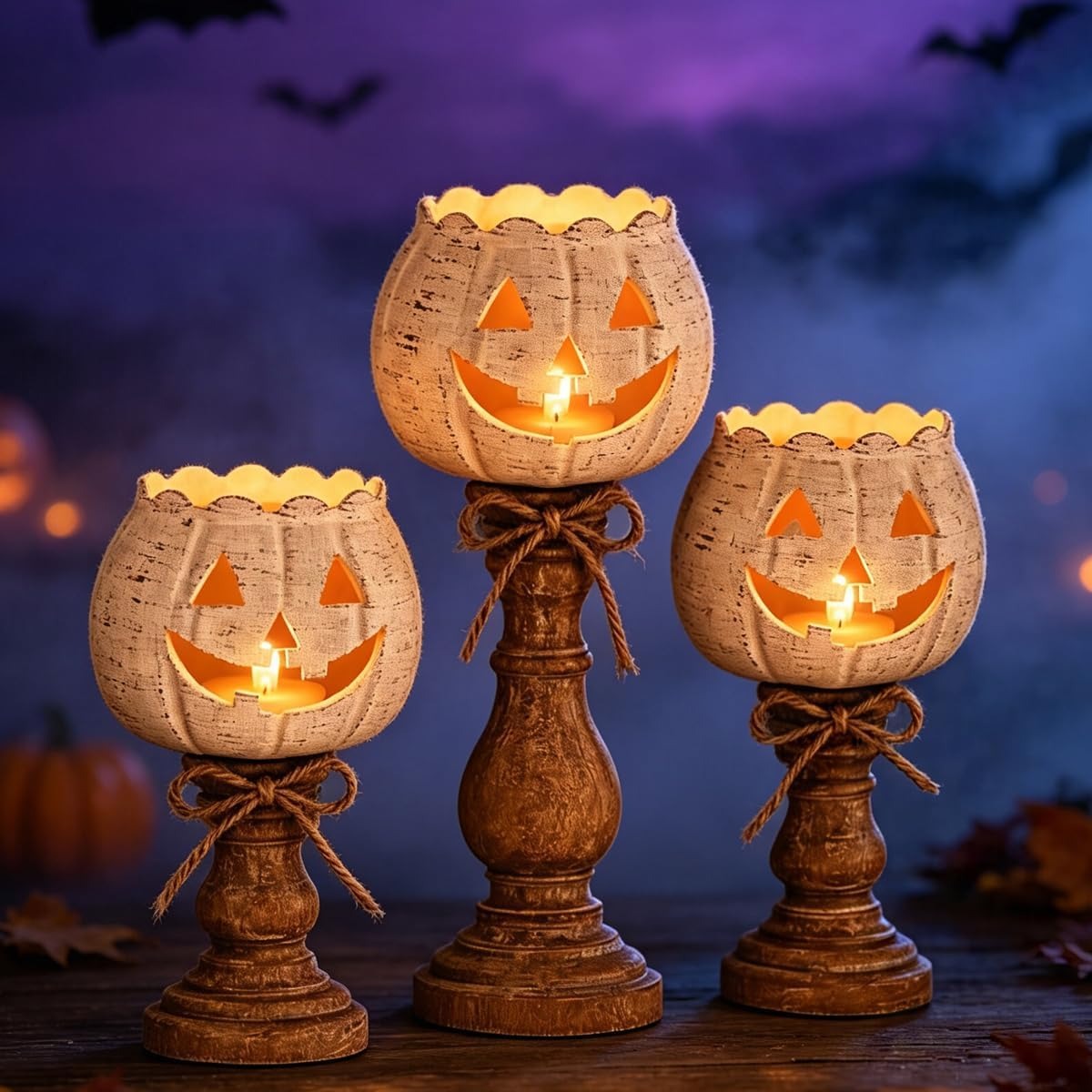 🎃🕯   Set of 3 Rustic White Pumpkin Tealight Candle Holders  | Layered Farmhouse Fall Decor For Halloween & Thanksgiving