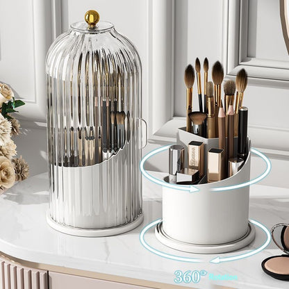 360° Rotating Toothbrush Holder with Lid, Dustproof Toothbrush & Toothpaste Storage Rack, Bathroom Organiser for Vanity Counter, Family Bathroom Accessory