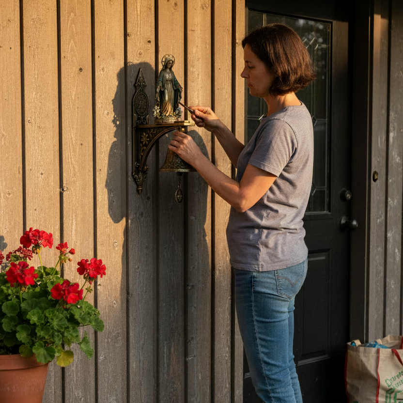 Woman Installing Smaller Bell at Front Door